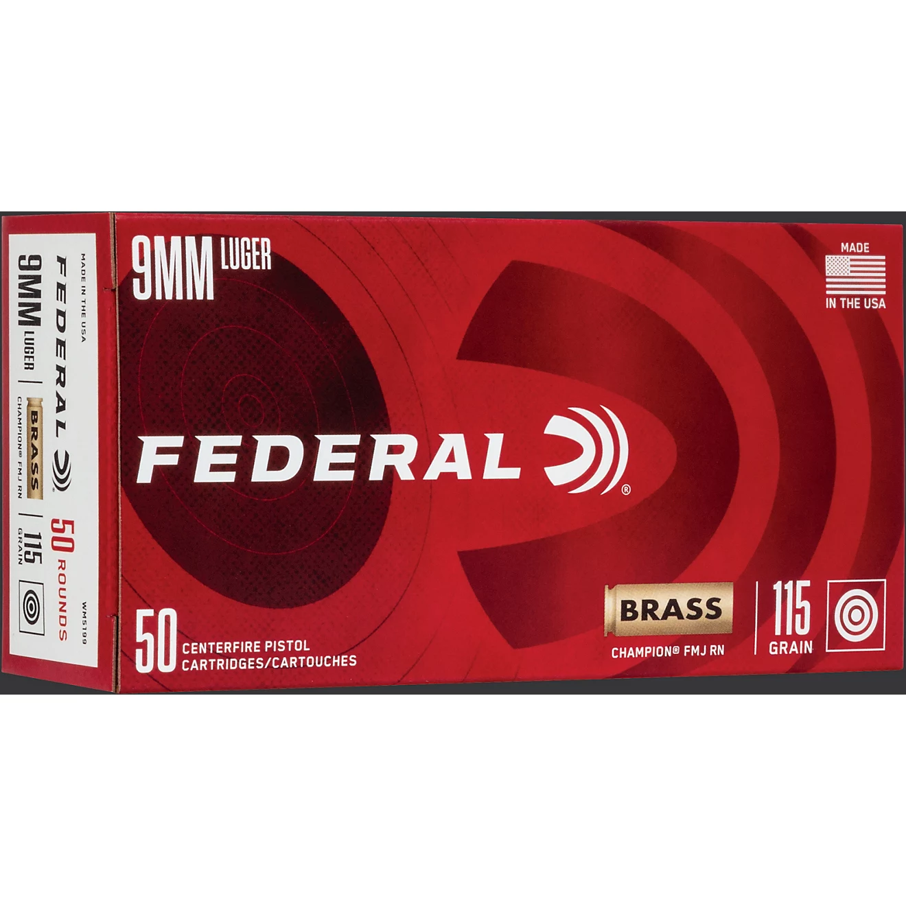 Federal Champion 9mm Luger 115-Grain FMJ Handgun Brass Ammunition - 50 Rounds