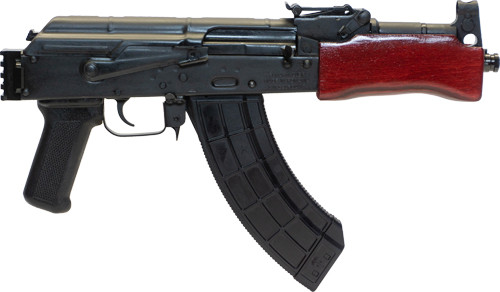 Century Romanian Mini Draco AK Pistol 7.62x39mm, 7.75″ Threaded Barrel, Black, Red Wood Handguard, 30rd