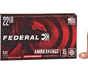 Federal American Eagle Suppressor .22 LR 45 Grain Copper-Plated Lead Round Nose Ammo – 50 Rounds