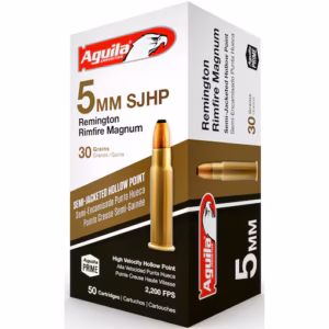 Aguila 5mm Remington Rimfire Magnum 30-grain jacketed hollow point ammunition box with high-velocity rimfire cartridges