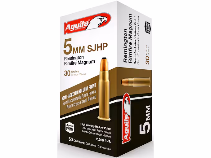 Aguila 5mm Remington Rimfire Magnum 30-grain jacketed hollow point ammunition box with high-velocity rimfire cartridges